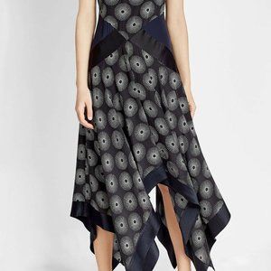 DIANE VON FURSTENBERG Black Navy White Handkerchief Hem Silk Midi Dress 0 (XS)